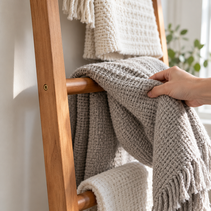 Close-up of a hand draping a knit throw over a round wooden rung
