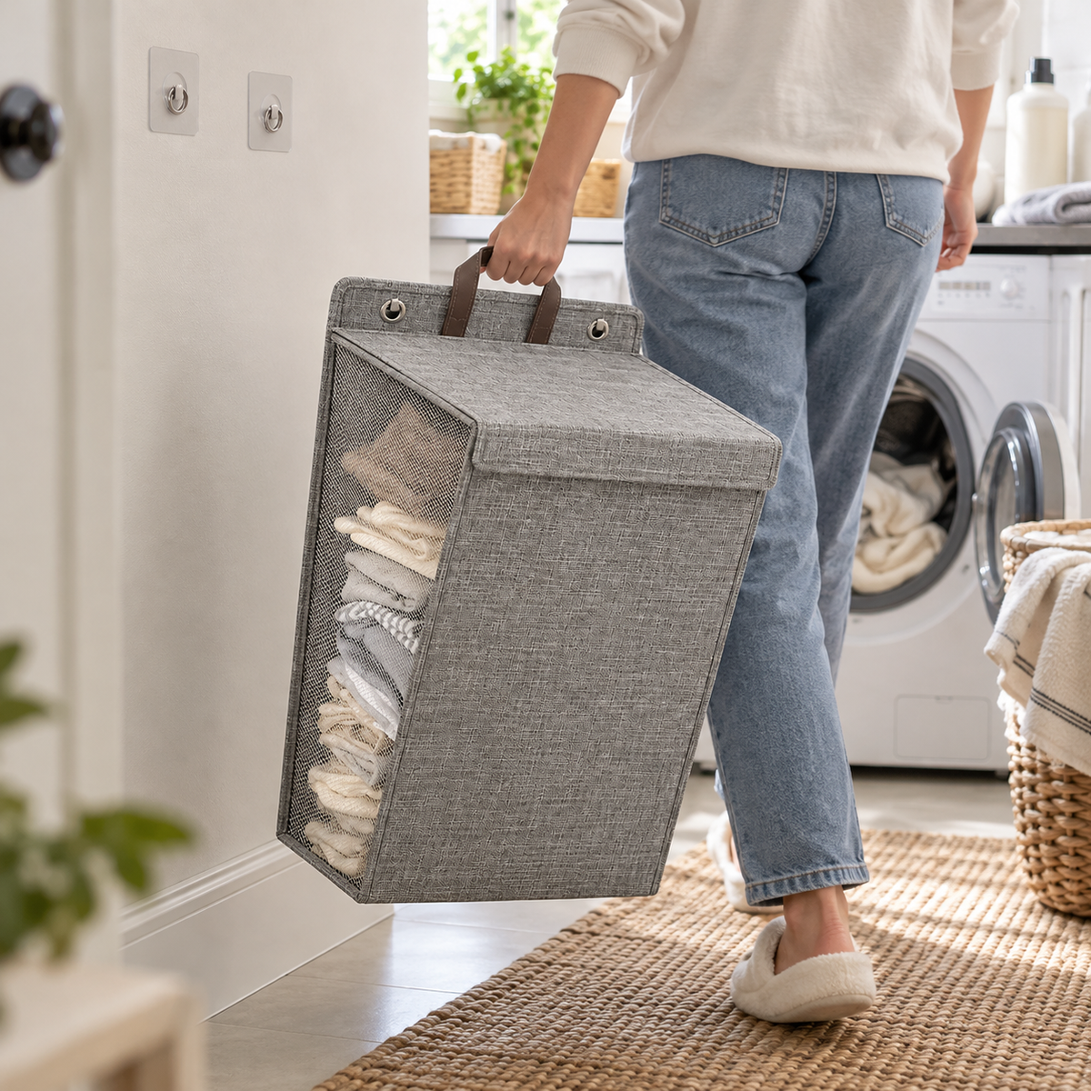 Person carrying the gray hamper by its strap handle toward the washing machine