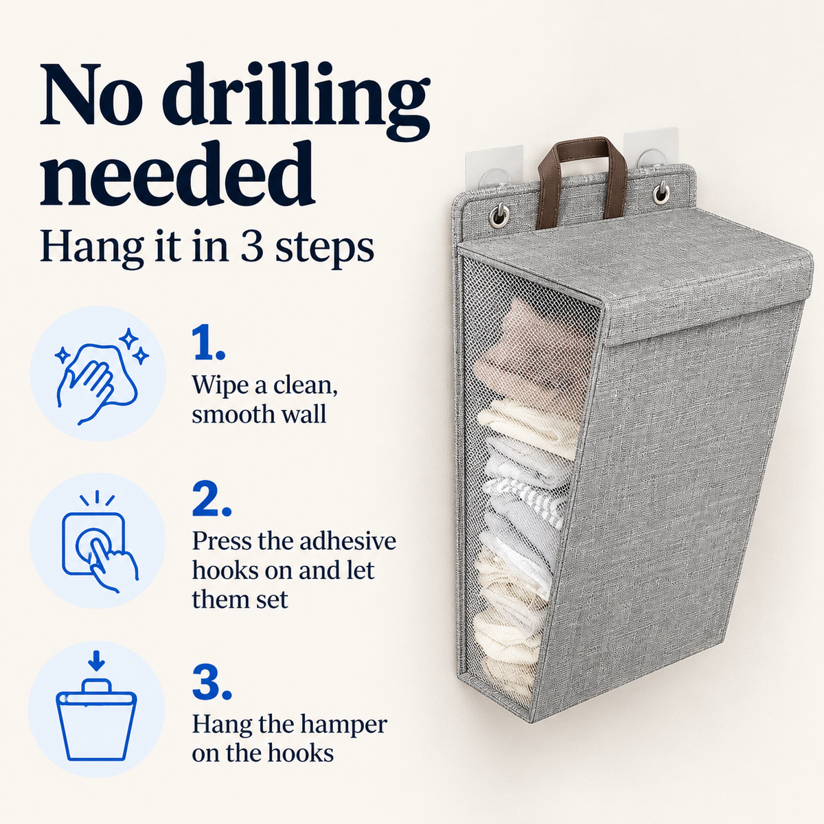 Laundry hamper hangs with punch-free adhesive hooks, no drilling