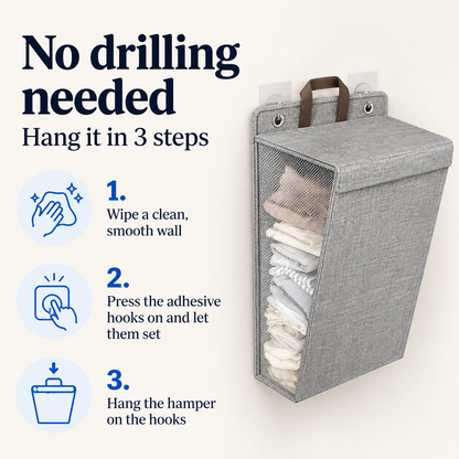 Laundry hamper hangs with punch-free adhesive hooks, no drilling