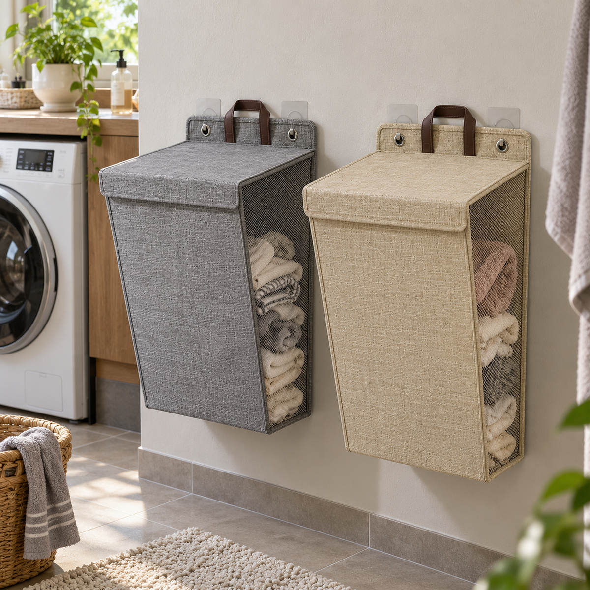 Gray and beige wall-hanging laundry hampers side by side