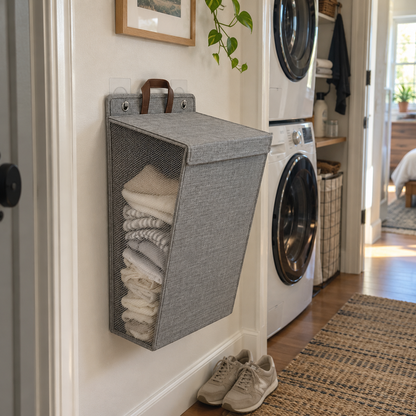 Gray wall-hanging laundry hamper in a hallway