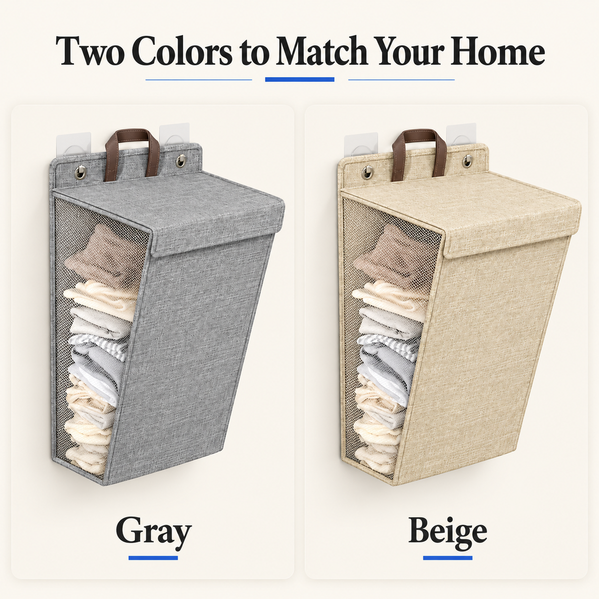 Wall-hanging laundry hamper available in gray and beige