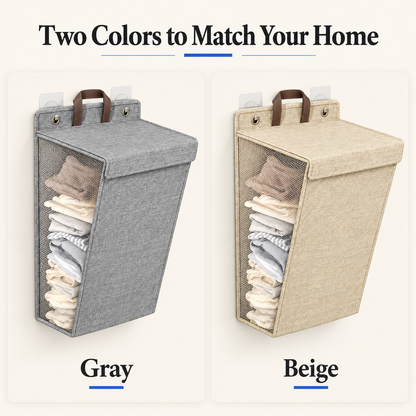 Wall-hanging laundry hamper available in gray and beige