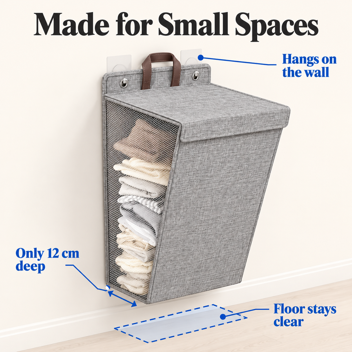 Slim wall-hanging laundry hamper that keeps the floor clear in small spaces