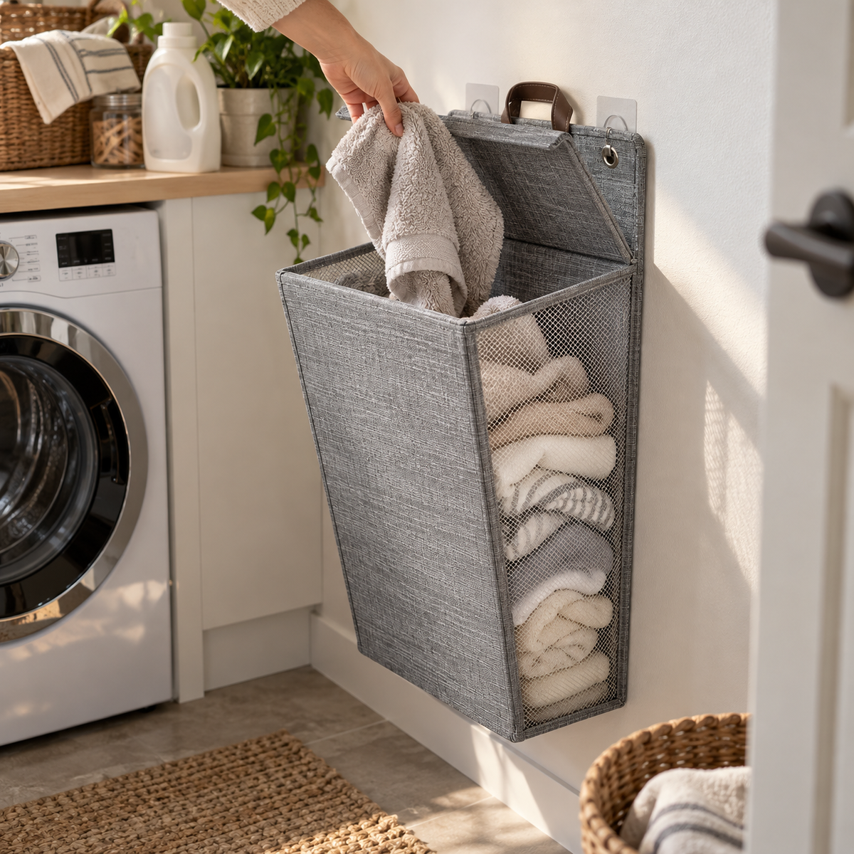 Gray hamper on a laundry room wall with the lid open and a hand dropping in a towel