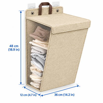 Beige laundry hamper size guide: 48 cm high, 36 cm wide, 12 cm deep