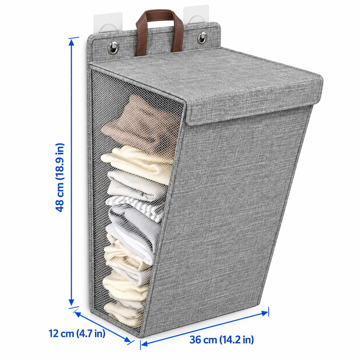Gray laundry hamper size guide: 48 cm high, 36 cm wide, 12 cm deep