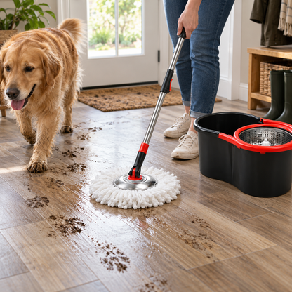 Cleaning up after a pet with the spin mop