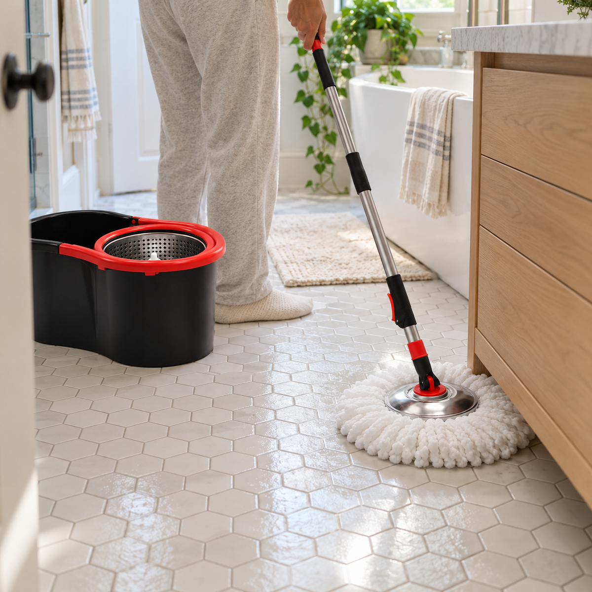 Mopping a bathroom floor