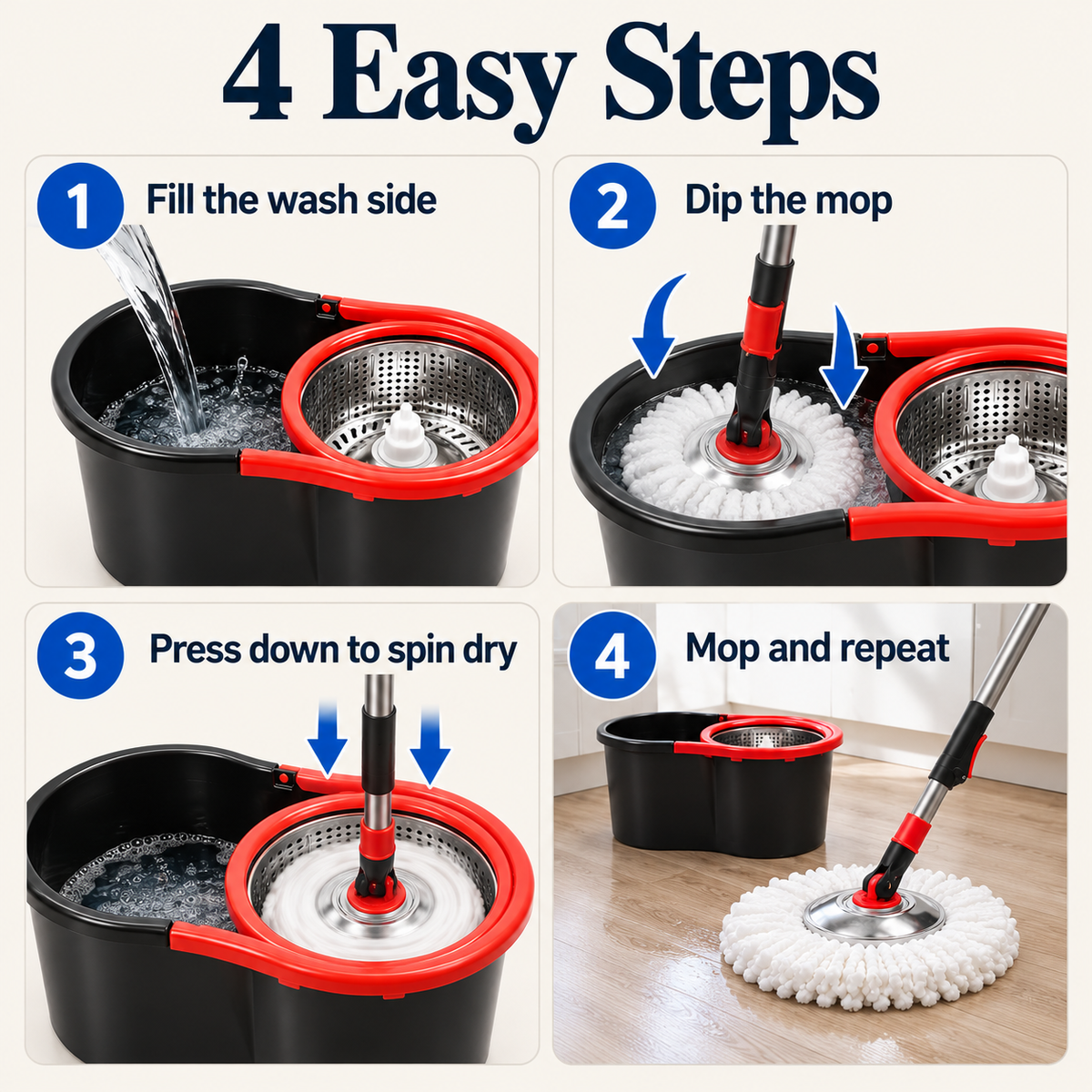 Dip, spin and mop in three steps