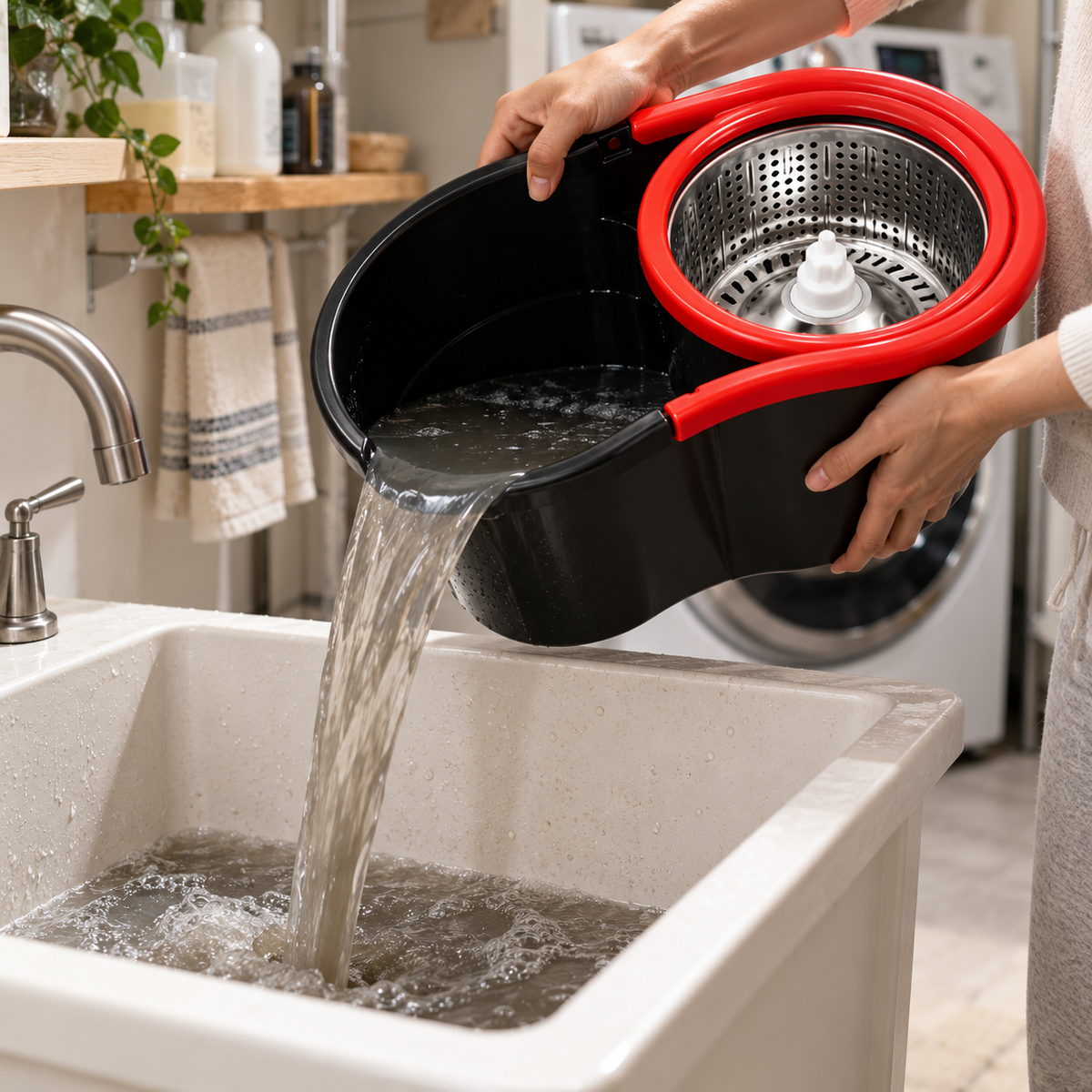 Pouring water out through the bucket spout