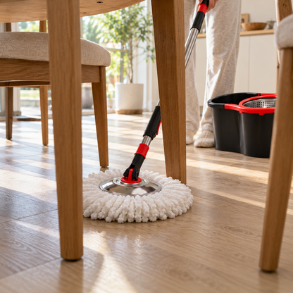 Round mop head reaching under furniture