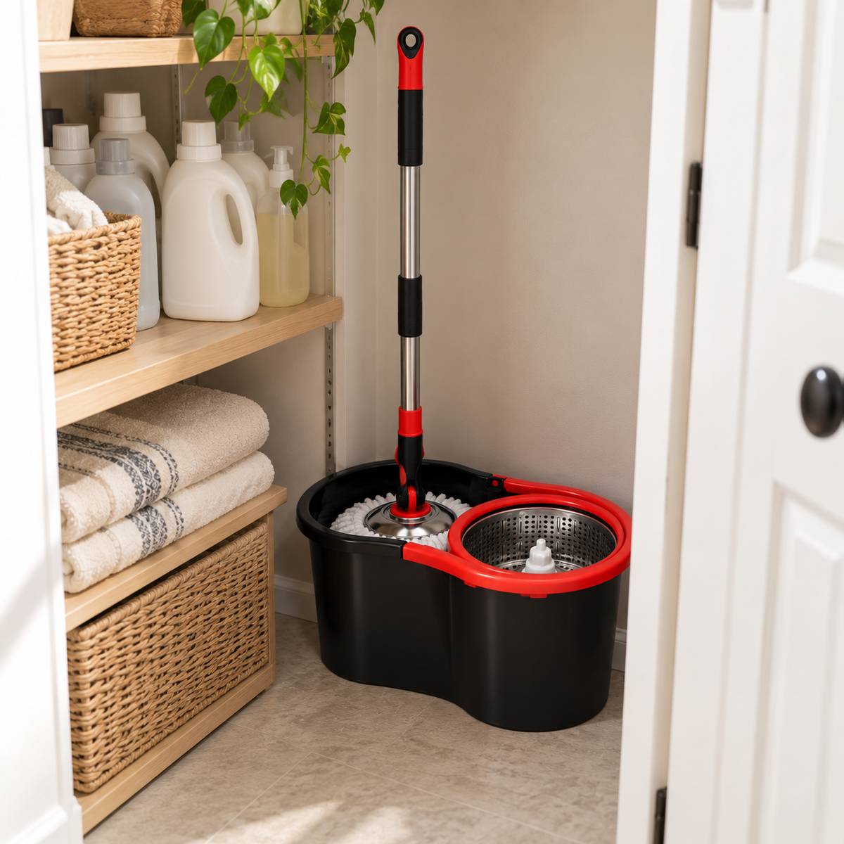 Spin mop set stored in a laundry room