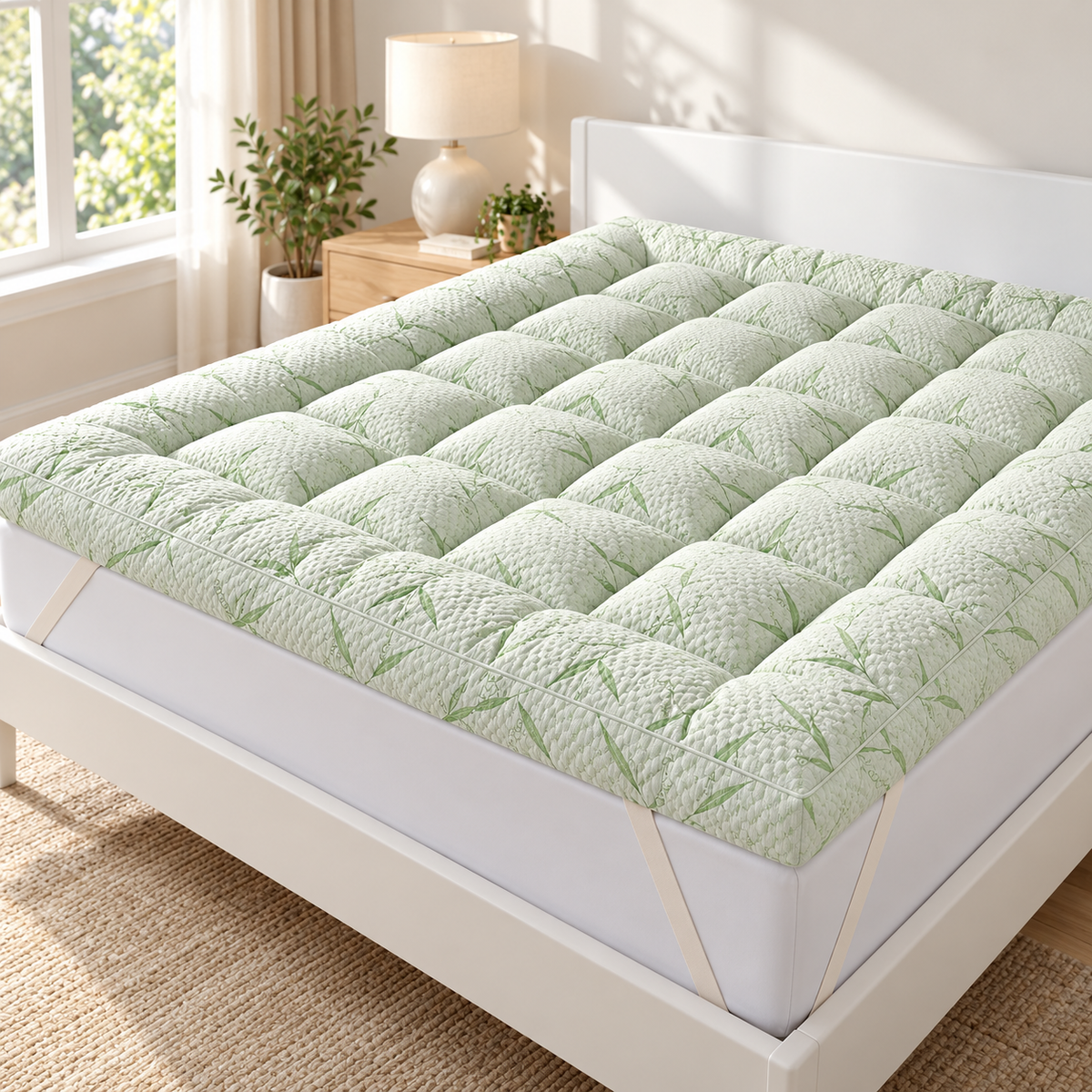 Sage leaf quilted cooling mattress topper with white elastic skirt