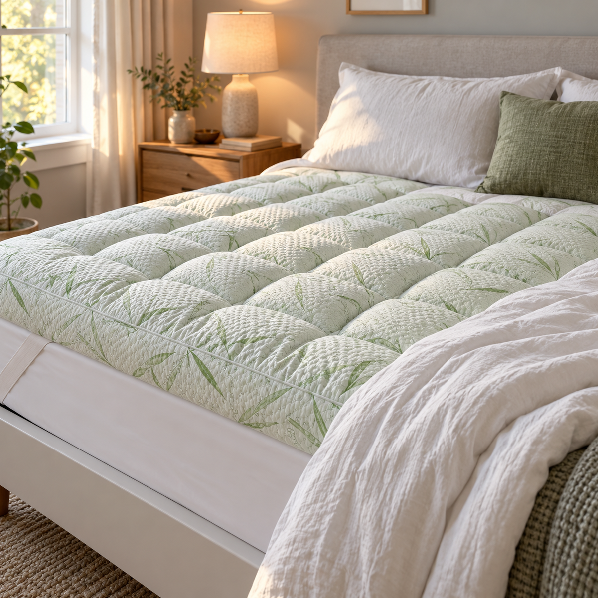 Sage leaf topper on a bed with the duvet folded back