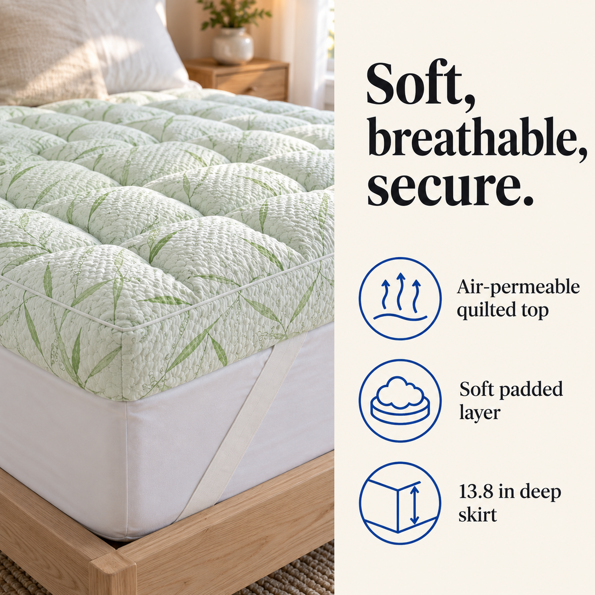 Soft, breathable, secure: air-permeable quilted top, soft padded layer, 13.8 in deep skirt
