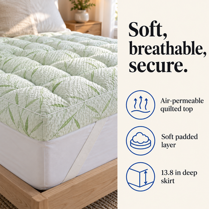 Soft, breathable, secure: air-permeable quilted top, soft padded layer, 13.8 in deep skirt