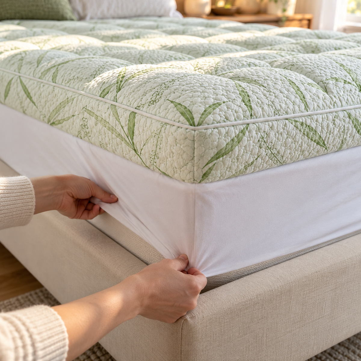 White elastic skirt tucked under a mattress corner