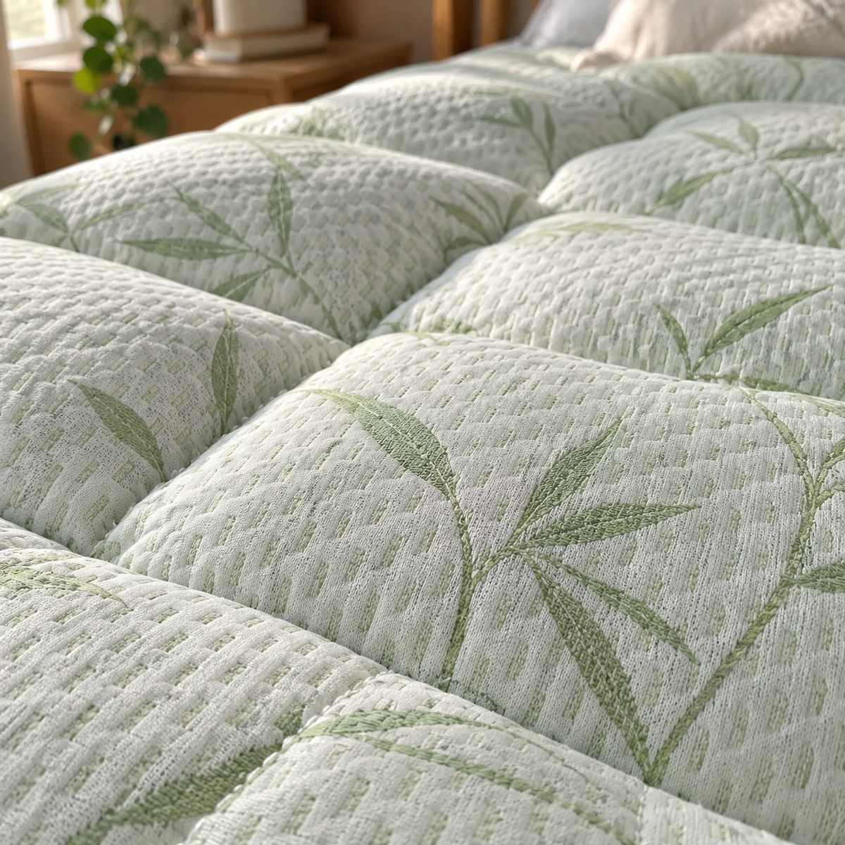 Close-up of the sage bamboo leaf print and quilting