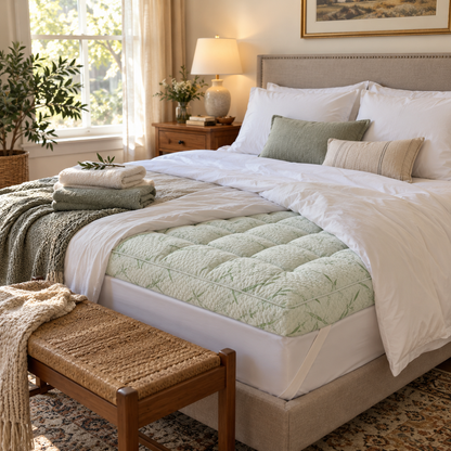 Guest room bed with the sage leaf topper