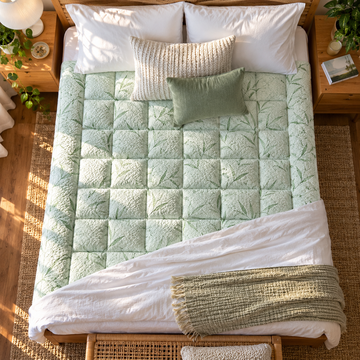 Overhead view of a bed with the sage leaf topper