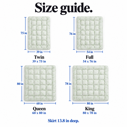 Size guide: Twin 39 x 75 in, Full 54 x 76 in, Queen 60 x 80 in, King 80 x 78 in