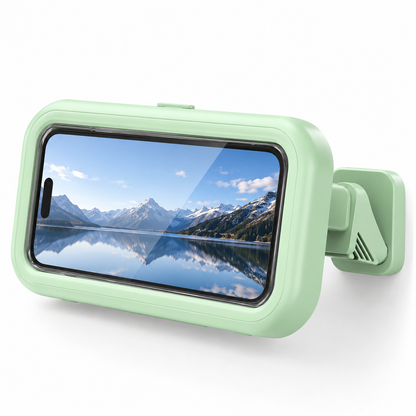 Green waterproof shower phone holder with fold-out arm and wall plate