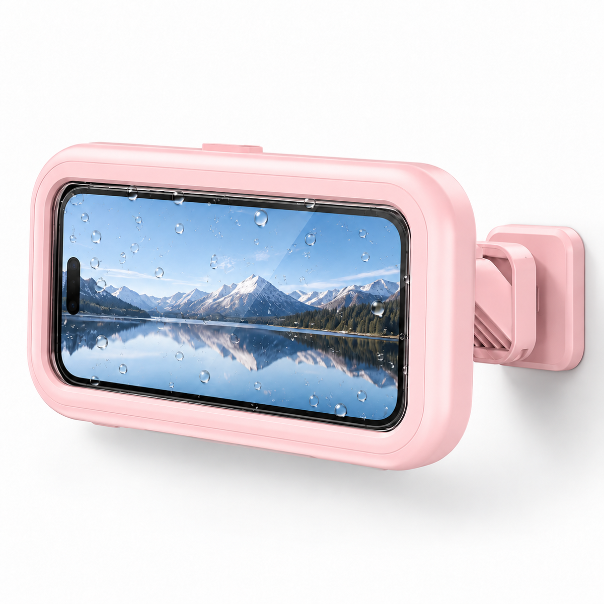 Pink waterproof shower phone holder with fold-out arm and wall plate