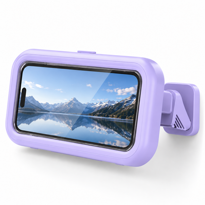 Purple waterproof shower phone holder with fold-out arm and wall plate