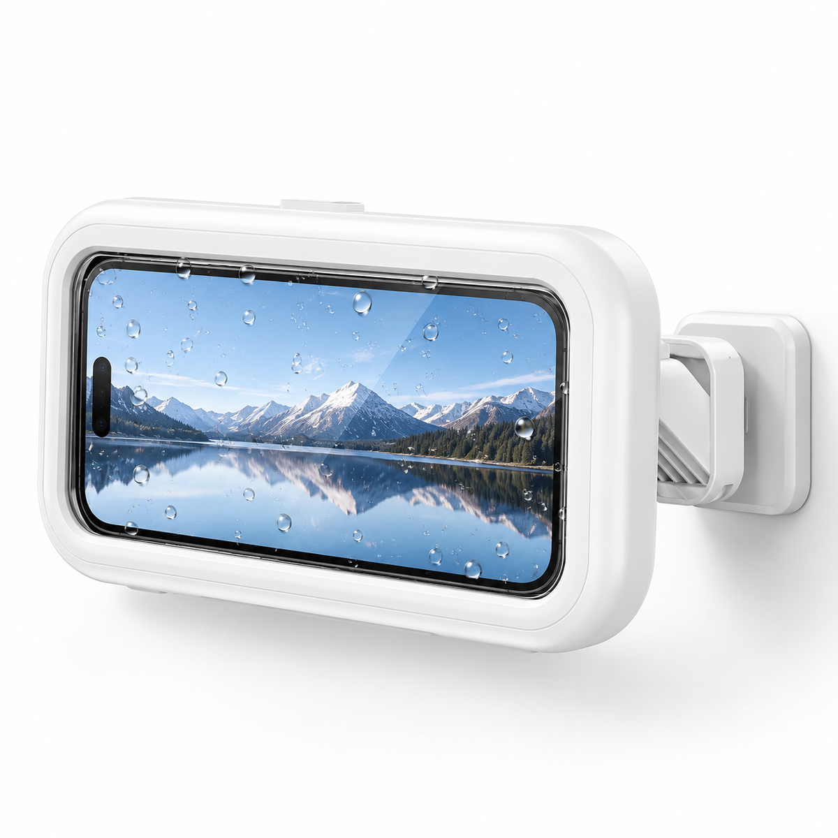 White waterproof shower phone holder with fold-out arm and wall plate