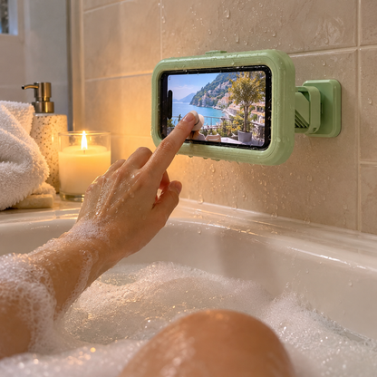Green phone holder above a bubble bath, tapping the screen through the film