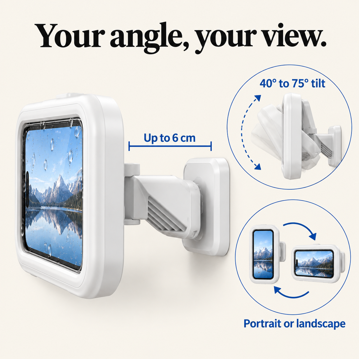 Arm extends up to 6 cm, tilts 40 to 75 degrees, turns portrait or landscape