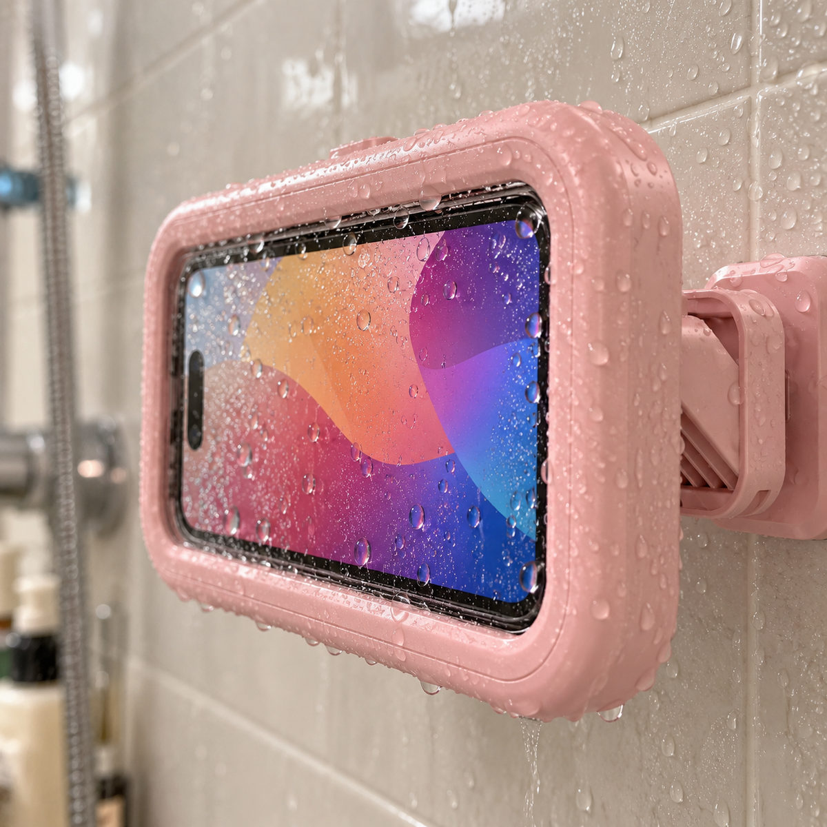Close-up of water droplets on the clear film of the pink holder