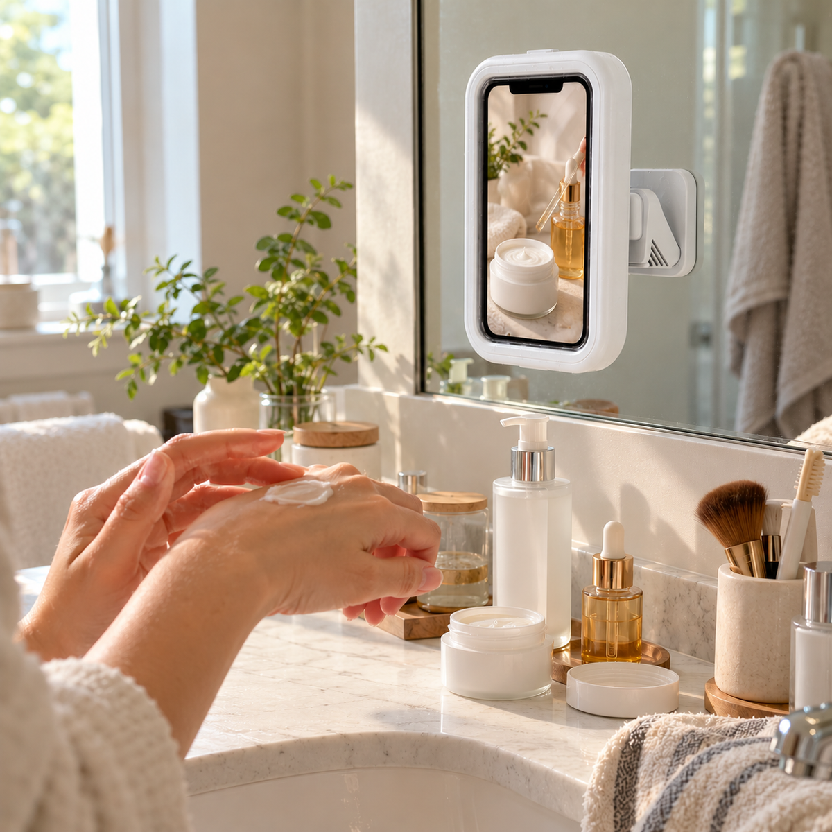 White phone holder on a bathroom vanity mirror