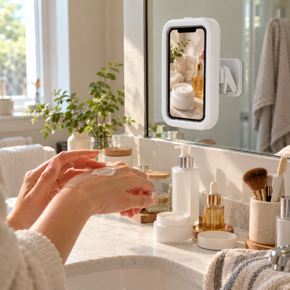 White phone holder on a bathroom vanity mirror