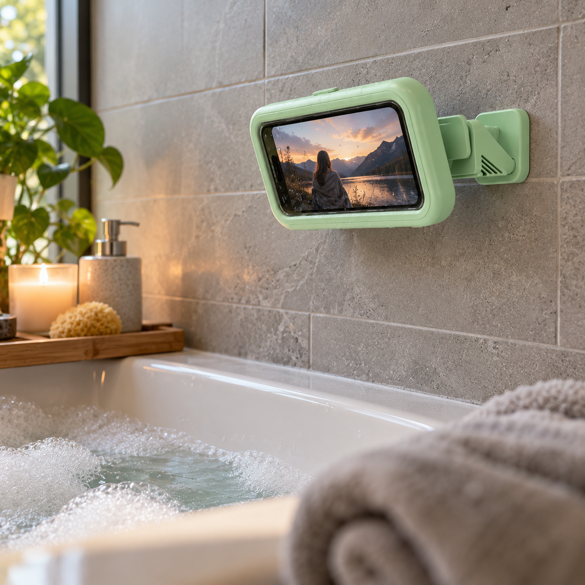 Green phone holder in landscape above a bathtub