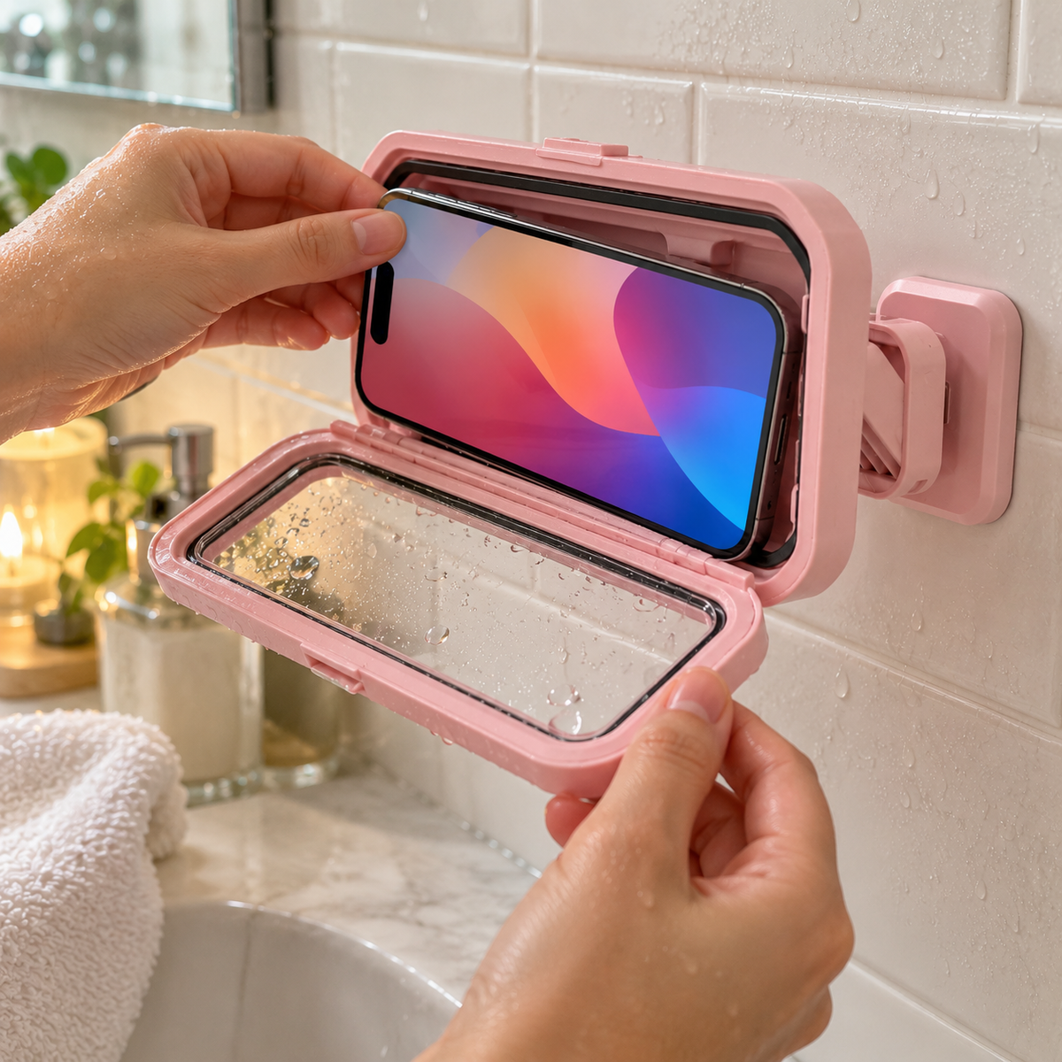 Placing a phone into the open pink holder case