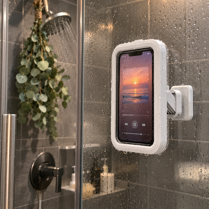 White phone holder on a glass shower door playing music