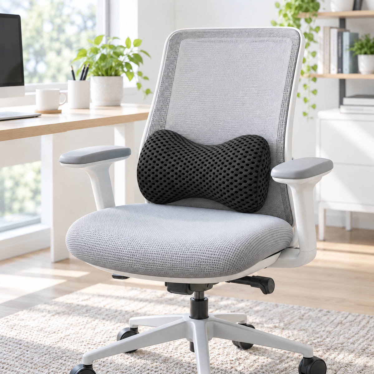 Black memory foam lumbar support pillow on a light gray office chair