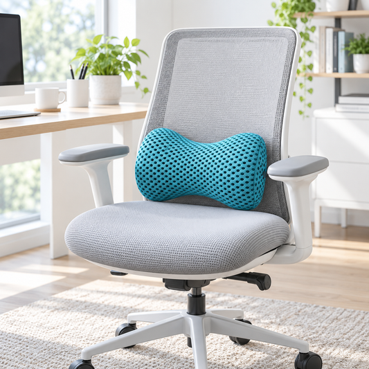 Blue memory foam lumbar support pillow on a light gray office chair