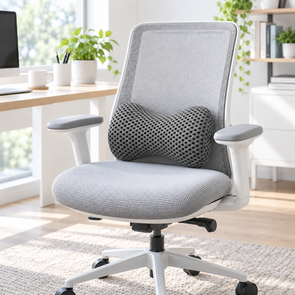 Gray memory foam lumbar support pillow on a light gray office chair