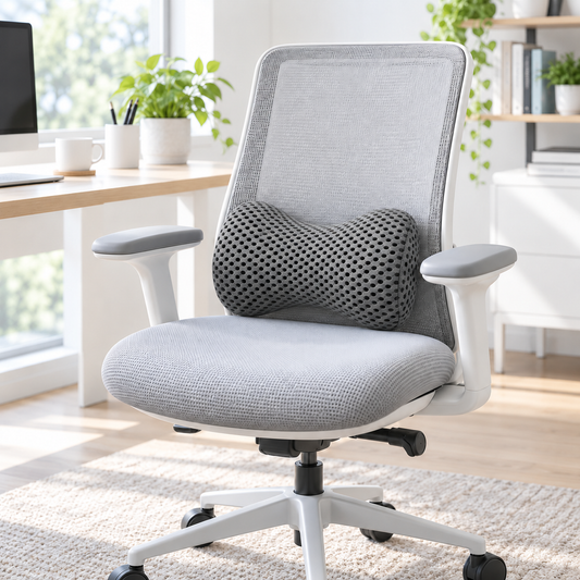 Gray memory foam lumbar support pillow on a light gray office chair