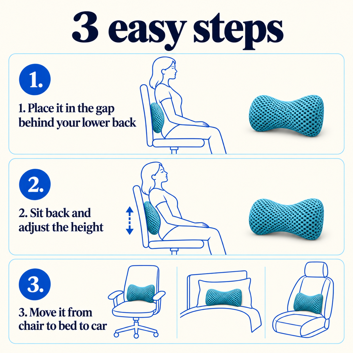 3 easy steps: place the pillow behind your lower back, sit back and adjust, move it from chair to bed to car