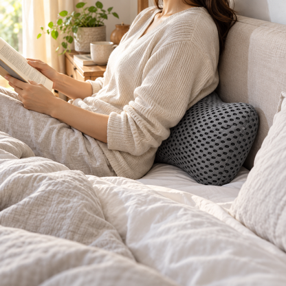 Lumbar pillow behind the lower back while reading in bed