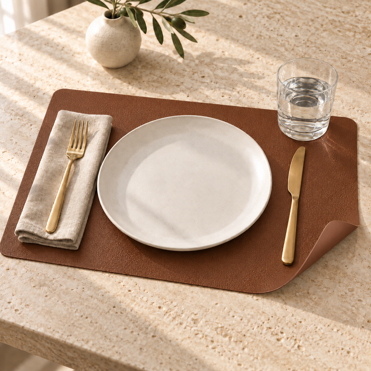 Cognac brown reversible faux leather placemat on a travertine table, corner curled to show the brown back