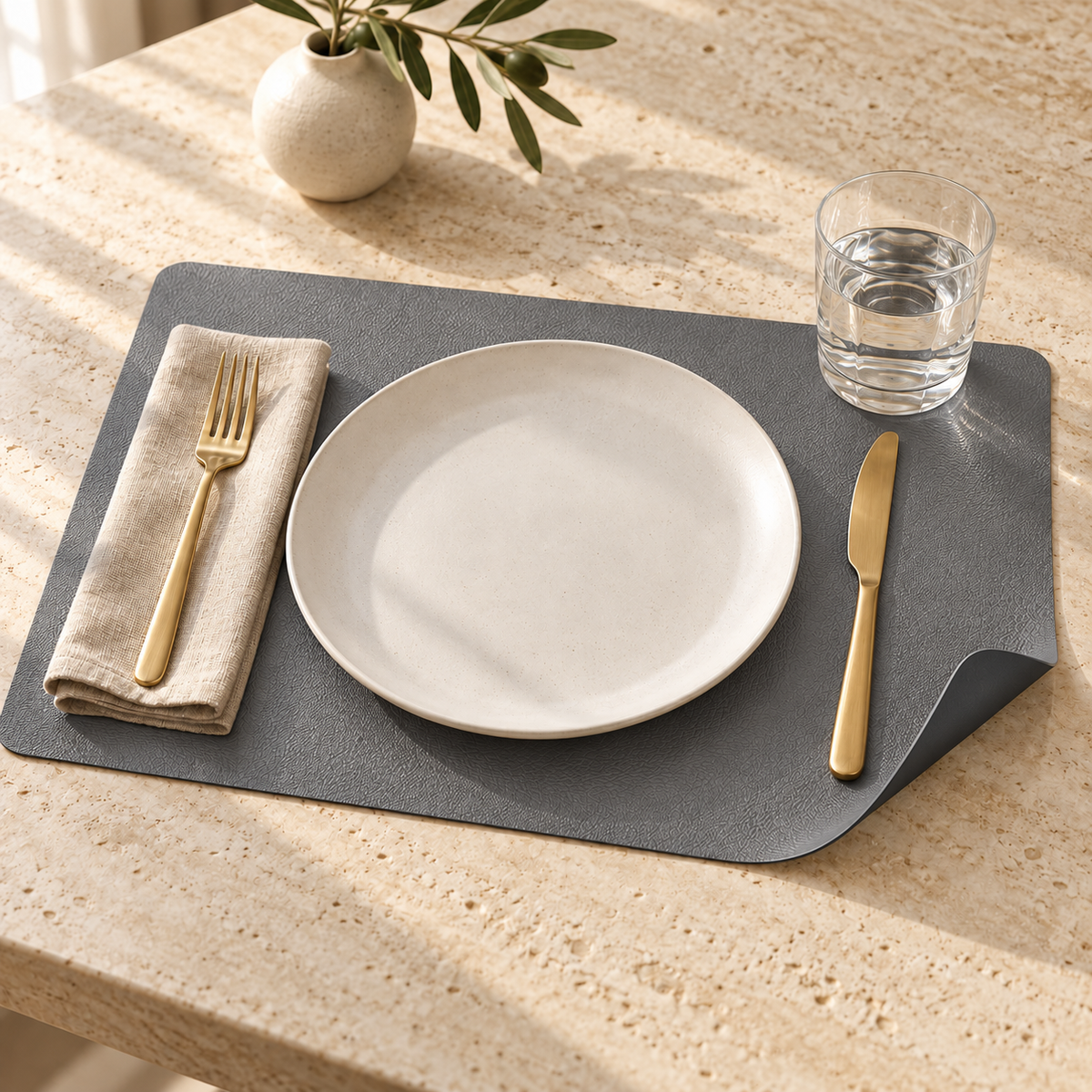 Gray reversible faux leather placemat on a travertine table, corner curled to show the charcoal back