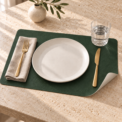 Forest green reversible faux leather placemat on a travertine table, corner curled to show the cream back