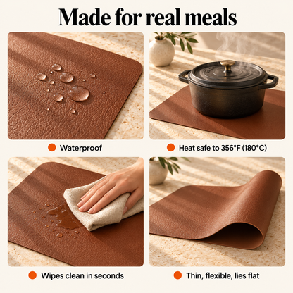 Waterproof, heat safe to 356F (180C), wipes clean in seconds, thin and flexible