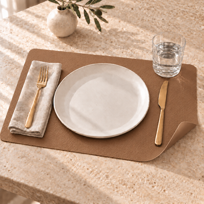 Light coffee caramel reversible faux leather placemat on a travertine table, corner curled to show the back